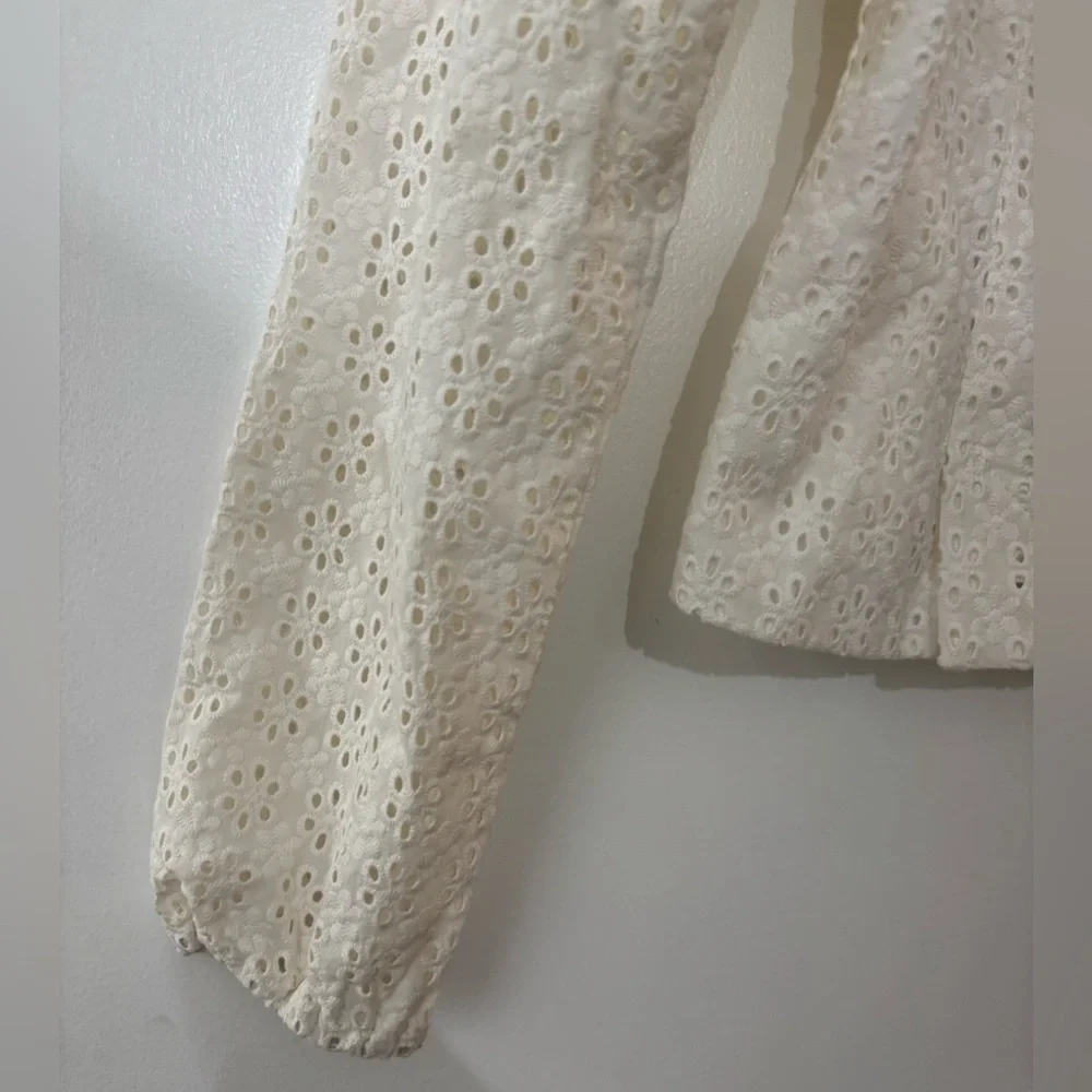 Joie White Long Sleeve Cotton Eyelet Embroidered Square Neck Top XS Cottage Core